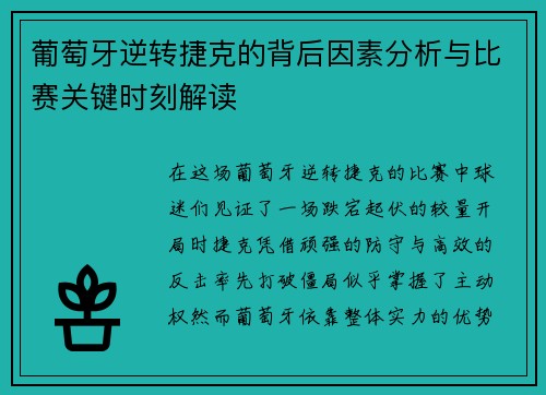 葡萄牙逆转捷克的背后因素分析与比赛关键时刻解读