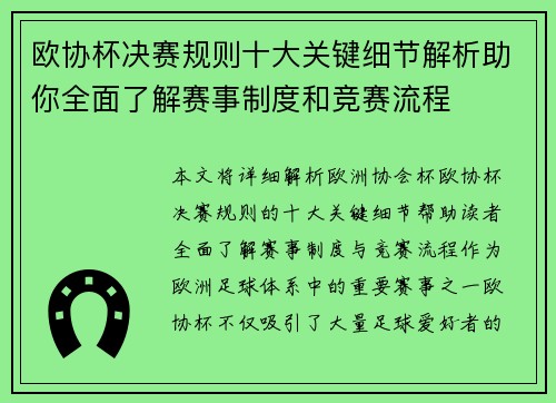 欧协杯决赛规则十大关键细节解析助你全面了解赛事制度和竞赛流程