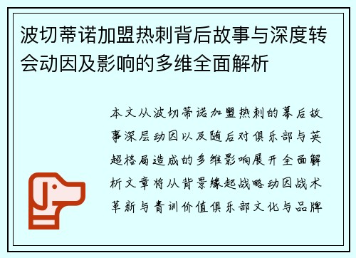 波切蒂诺加盟热刺背后故事与深度转会动因及影响的多维全面解析